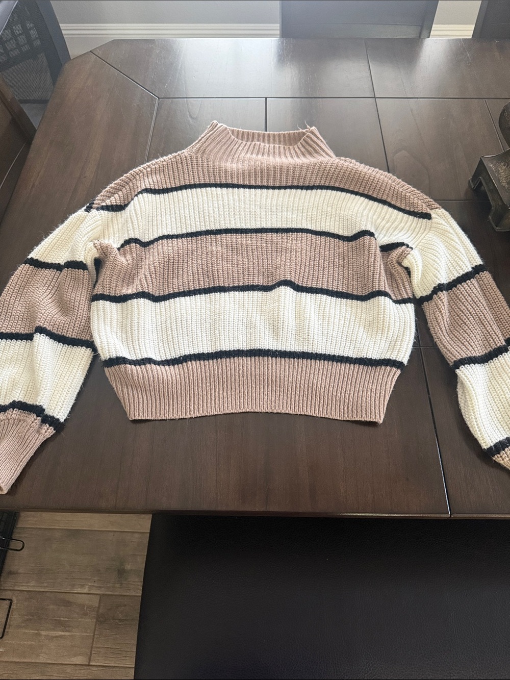 SHEIN Pink and Cream Striped Cropped Turtleneck Sweater